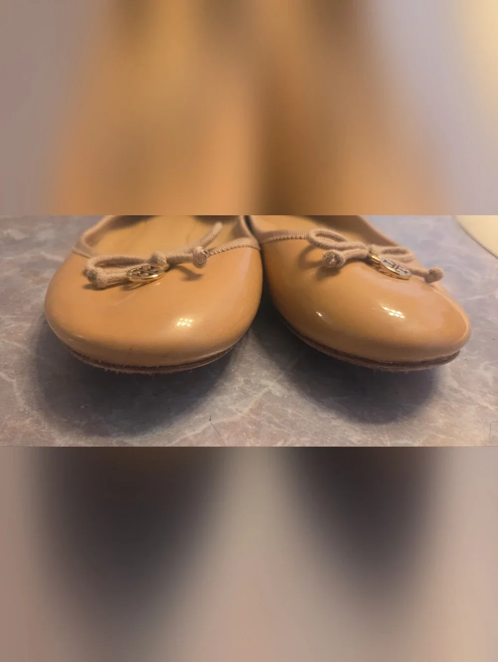 Tory Burch Nude Patent Ballet Flats with Logo Charm